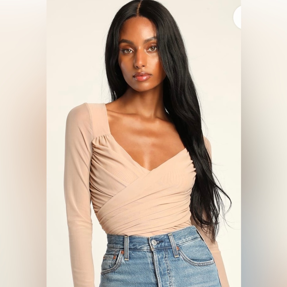 Lulus Sheer Confidence Beige Mesh Ruched Long Sleeve Bodysuit